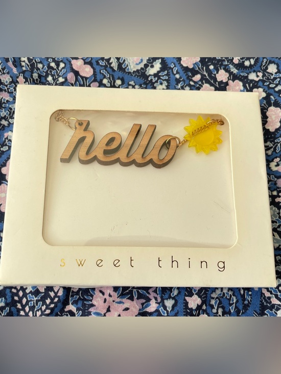 Meri Meri Jewelry - "hello" Script Necklace with Yellow Plastic Sunshine Charm